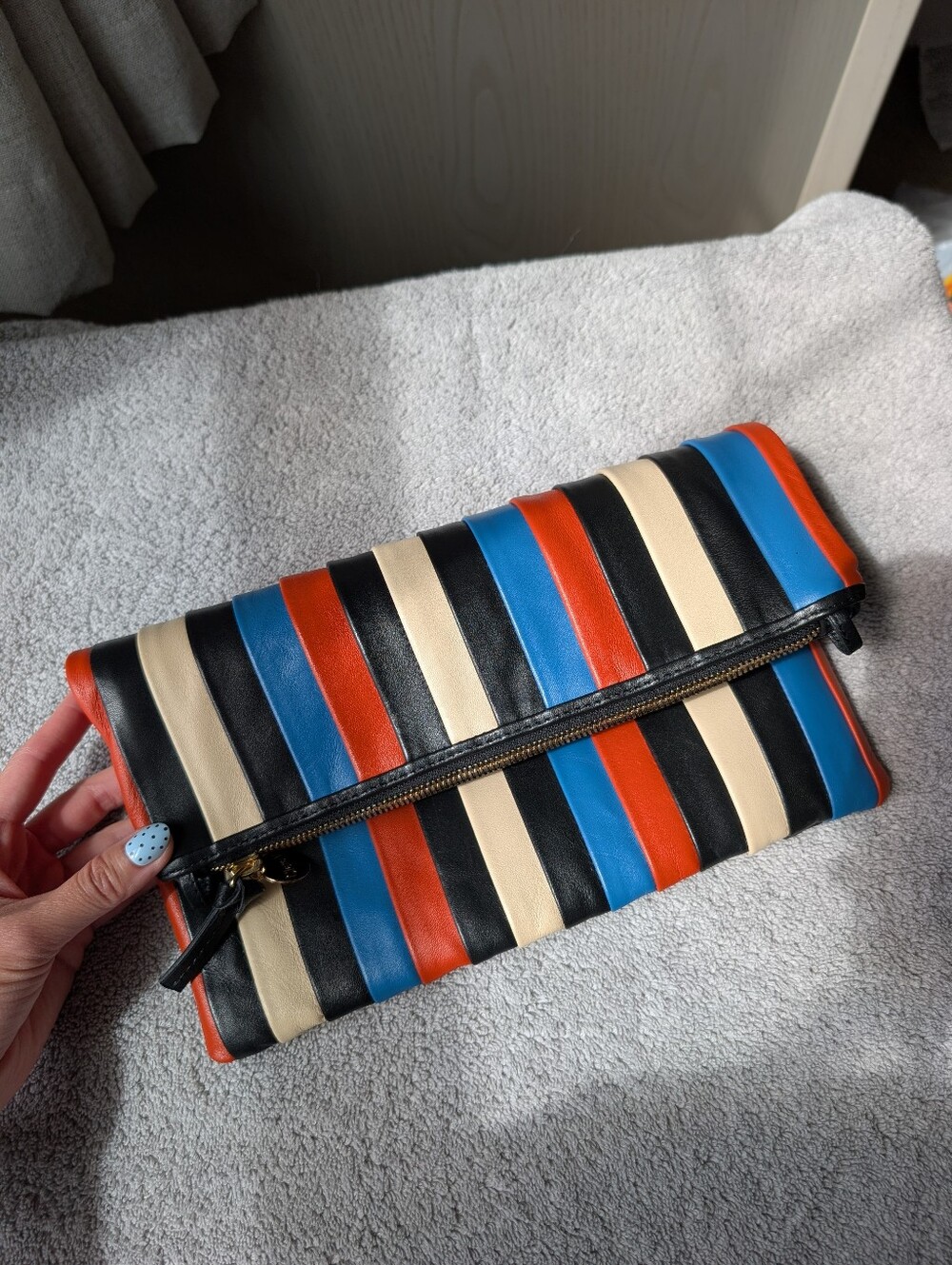 Clare V Nappa Leather Stripe Fold Over Clutch Shoulder Bag